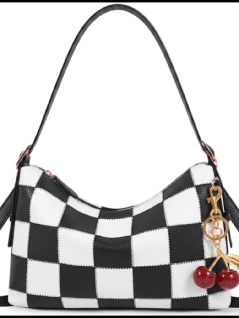 Vegan Leather Checkered Shoulder Hobo Bag with Cherry Charm